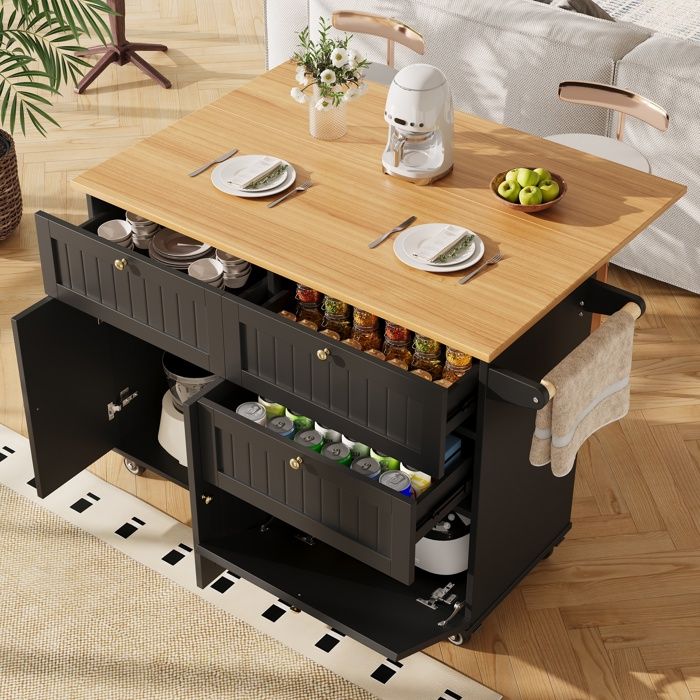 Buffet de cuisine à roulettes 133x70x88 cm avec espace de rangement Îlot de cuisine moderne avec armoires coulissantes Noir