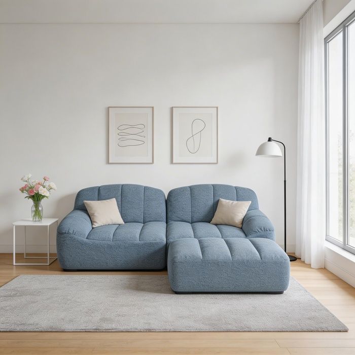 Canapé dangle modulable - Boneless - 2 places en L - velours côtelé bleu - mousse haute densité 32D