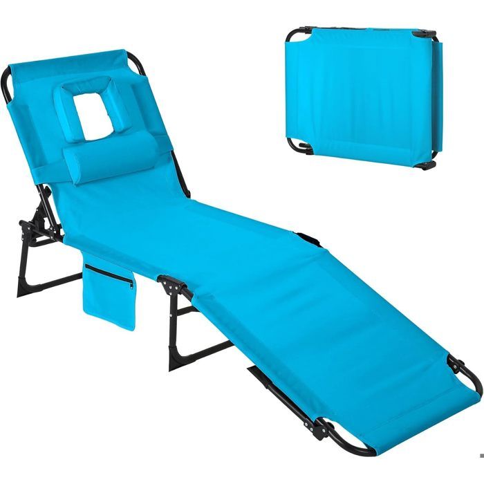 190cm Chaise Longue transat bain de soleil avec Dossier Réglable en 5 Positions fauteuil relax Transat De Plage Imperméable bleu