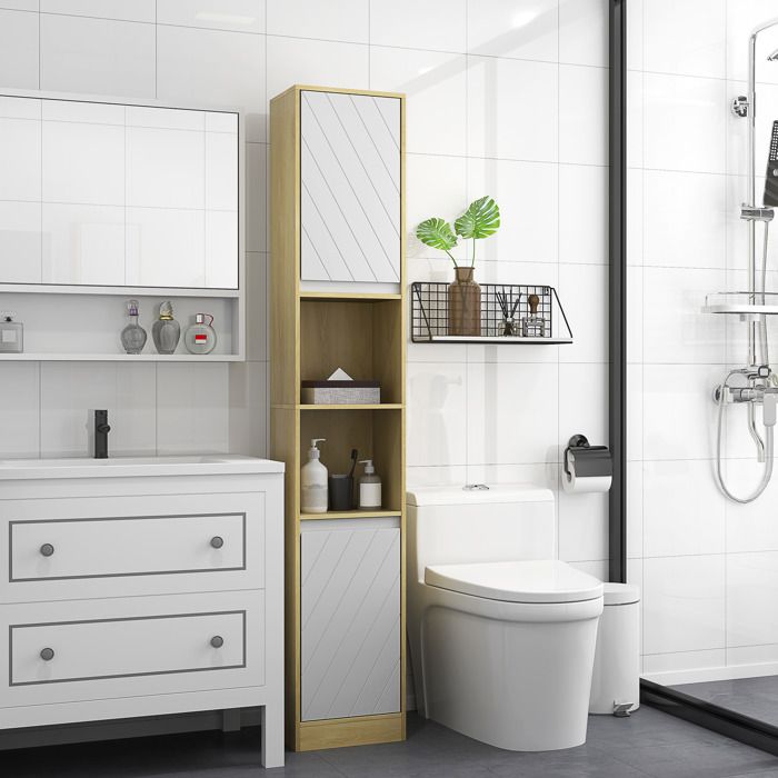 MOTHINESSTO4704-Meuble colonne rangement salle de bain style cosy 30 x 24 x 170 cm 2 portes étagère 2 niches chêne clair blanc