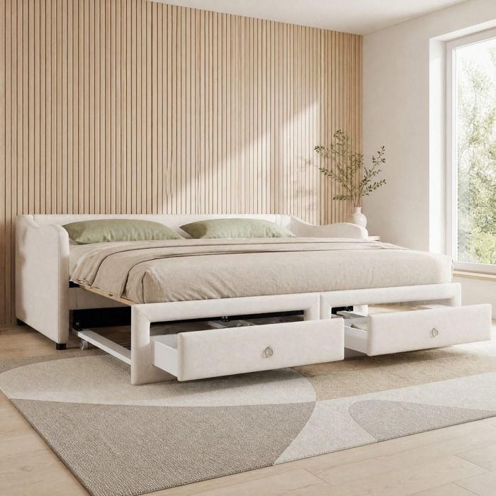 Lit combiné gigogne 90×200 cm 2 tiroirs style minimaliste - BEAUNIV - sans matelas lin MDF beige