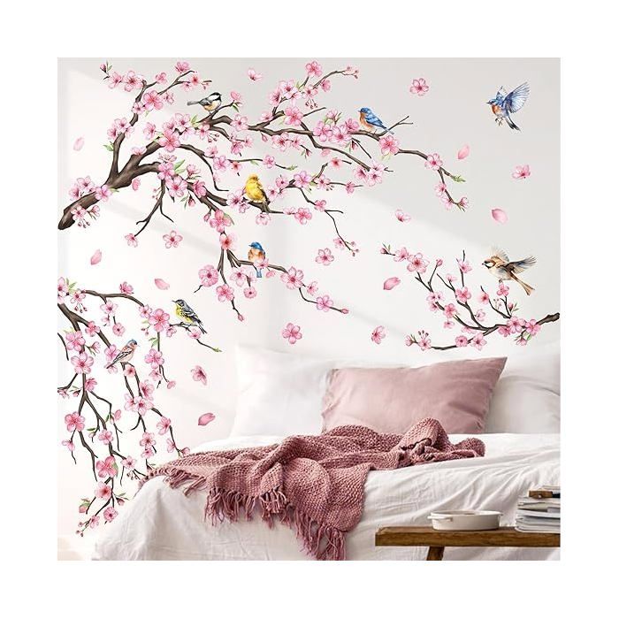 Autocollant Mural en Vinyle darbres de Fleurs de Cerises Roses et de Oiseaux Sticker Muraux Pelable pou OBJET DE DECORATION MURALE