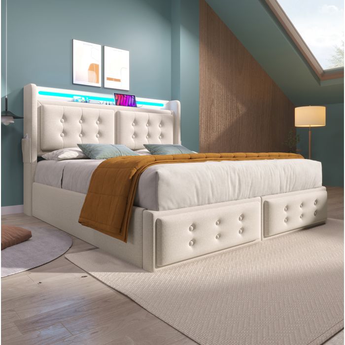 Lit coffre 2 places 160 × 200 cm avec rangement LED USB et Type-C matelas inclus Beige - UVRION