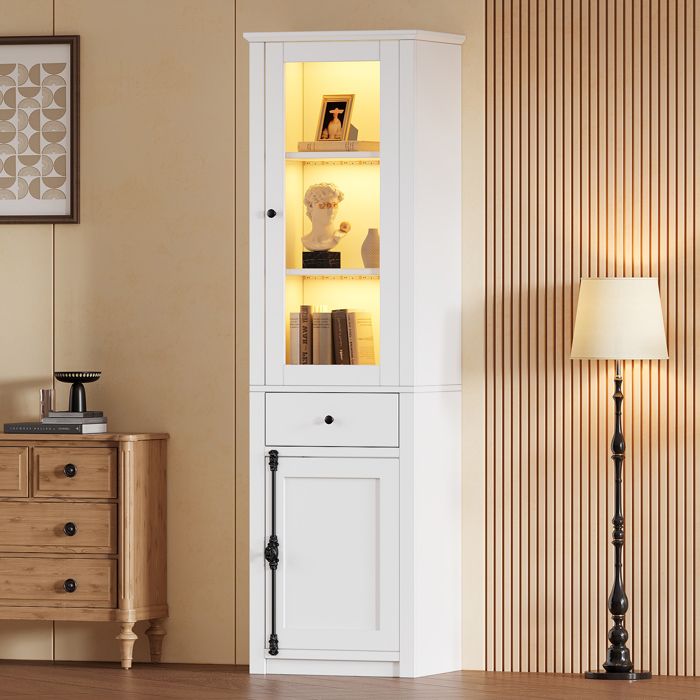 Vitrine LED 55x40x200 cm avec 2 portes 1 tiroir verre poignées métal et aluminium blanc