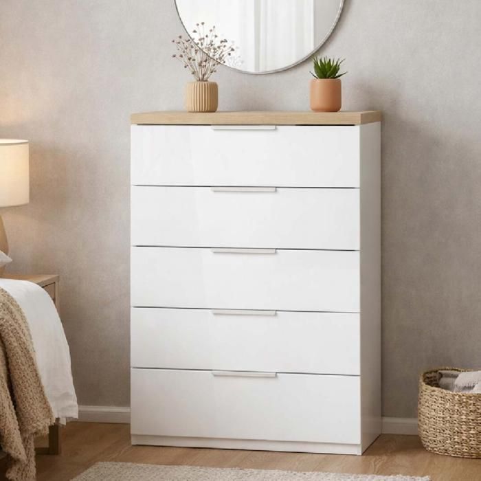 Commode polyvalente 81x103h cm avec 5 tiroirs en bois blanc brillant Commode polyvalente 81x103h cm avec 5 tiroirs en bois blanc brillant