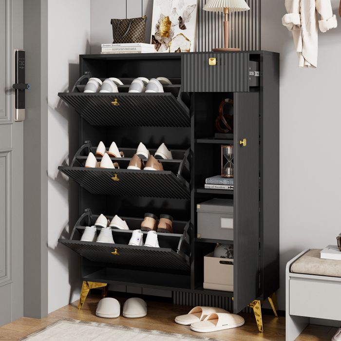 Meuble à chaussures - 3 abattants 1 tiroir 1 porte - Étroit - Design ondulé - Noir