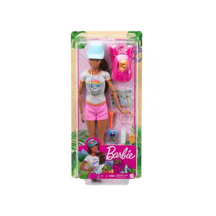 Barbie Poupée Mannequin Randonnée avec sac à dos et chien - 10 pièces - Poupée Vacance - Jouet Fille + Carte Animal
