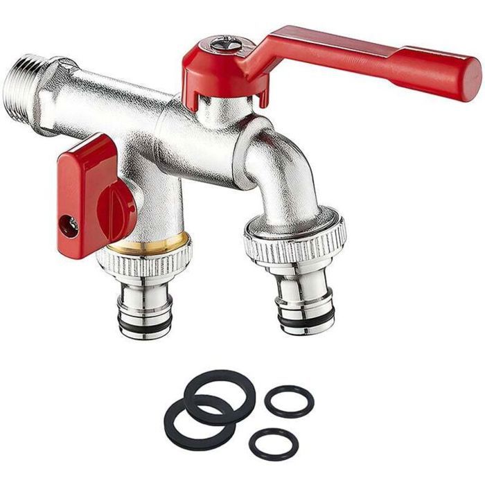 Double Robinet de Jardin-3/4 Pouce Robinet deau en Laiton Robinet Exterieur Mural avec 2x 3/4 pouces de sortie Pour Jardin Ma