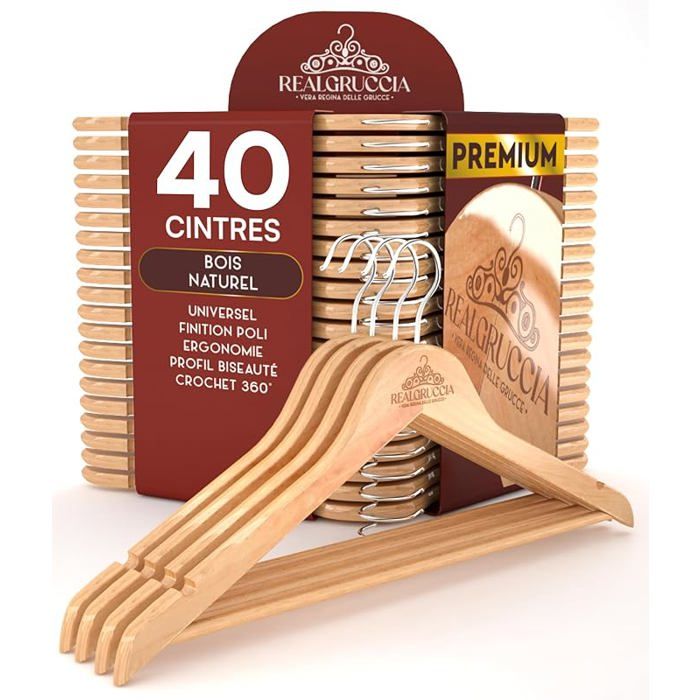 40 Cintres en Bois Adulte pour Chemises Pantalons et Vêtements - RealGruccia Cintre Couleur Bois Naturel avec 40 Cintres - CINTRE