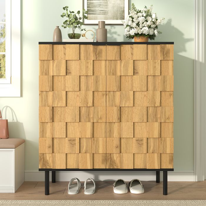 Meuble à chaussures 80x35x915 cm-2 portes effet mosaïque-étagères réglables-pieds métal-panneaux de particules-effet bois naturel