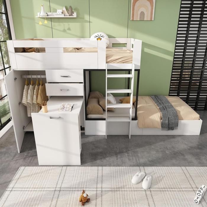 Lit superposé enfant - KOMHTOM - 90 x 200 cm - Bureau coulissant - Armoire et tiroirs - Blanc/Noir Lit superposé enfant - KOMHTOM - 90 x 200 cm - Bureau coulissant - Armoire et tiroirs - Blanc/Noir