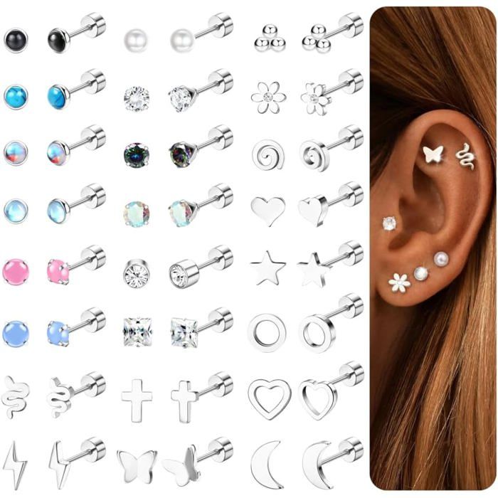 24 Paires Boucles DOreilles Acier Inoxydable Femme Hommes Or Argent Noir Piercing Tragus Helix Conch Cartilage Boucles DOr[PP384]