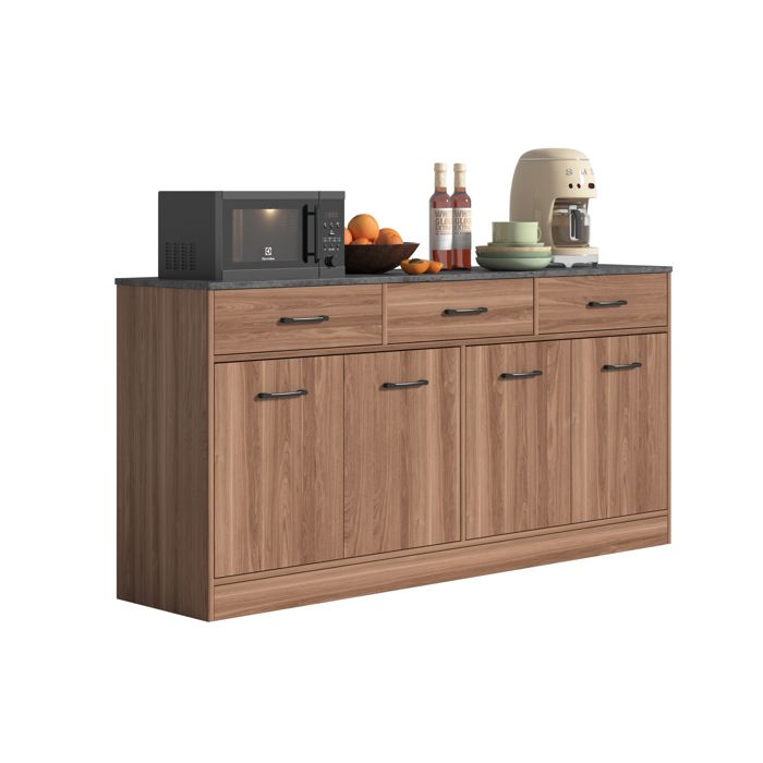 Buffet de cuisine avec 3 tiroirs 4 portes et étagères réglables - en MDF - 160×37×765 cm - noyer