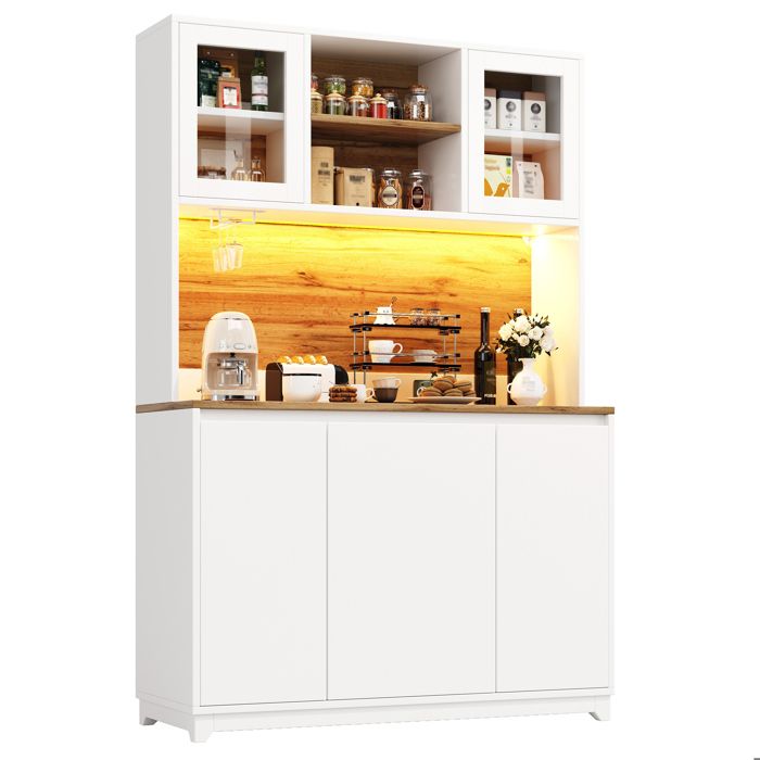 Buffet Haut de Cuisine - avec LED RGB Meuble Bar à Café Portes en Acrylique et Porte-Verres - Blanc