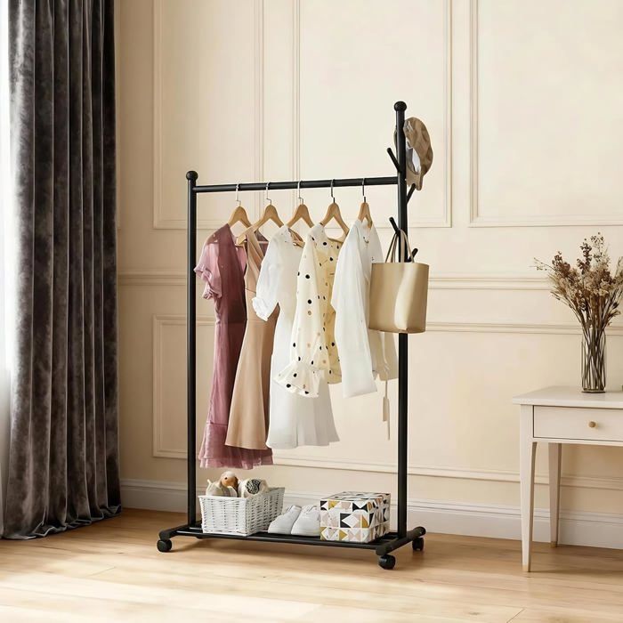 Portant mobile à vêtements – Cadre métal robuste 4 roulettes étagère et crochets – Parfait pour chambre entrée buanderie – Noir