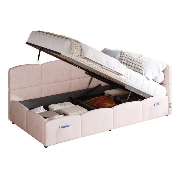 ELVORIN Lit coffre 1 place 90 x 200 cm sommier à lattes USB A et USB C poche de rangement velours rose sans matelas