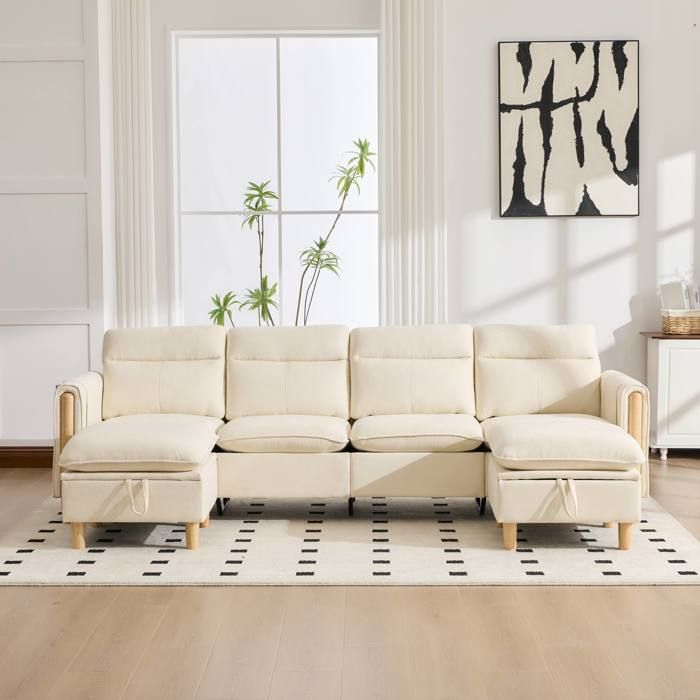 Canapé modulable 4 places 261x77x86 cm 2 poufs avec rangement configuration U/L poches latérales chenille beige pieds en bois massif
