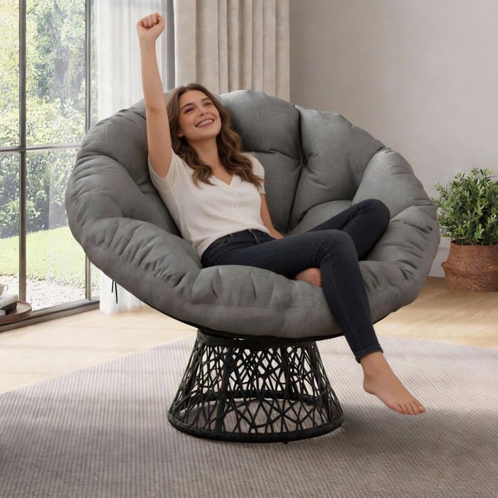 Fauteuil papasan rotin pivotant 360° Lune coussin épais 158kg acier revêtu poudre tressé main jardin salon gris