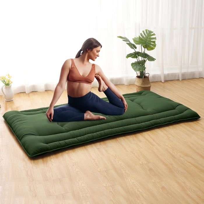 Matelas sol japonais pliable portable mat tatami chambre salon invité camping 99x203cm vert militaire