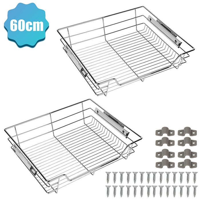 2X Tiroir de Cuisine Tiroir telescopique Tiroir suspendu Tiroir Panier de Rangement Télescopique d’Armoire de Cuisine Métal 60CM