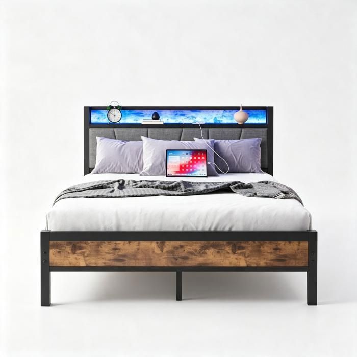 URTR lit 140x200 LED intelligentes tête de lit USB et rangement lattes métal robustes silencieux facile à monter sans sommier