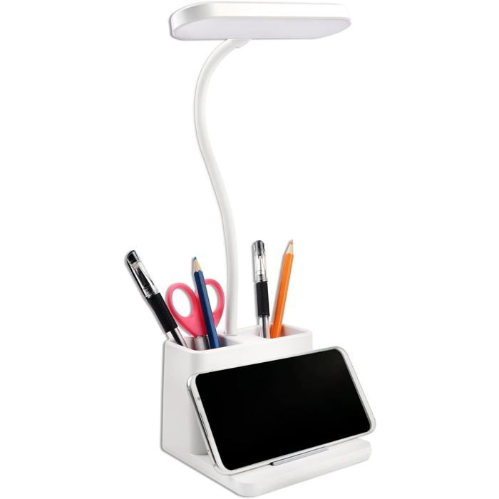 Lampe de Bureau LED 5W 3 Modes d’éclairage et 3 Luminosité Réglable USB Avec Porte-Stylo et Support pour Téléphone Portable Blanc