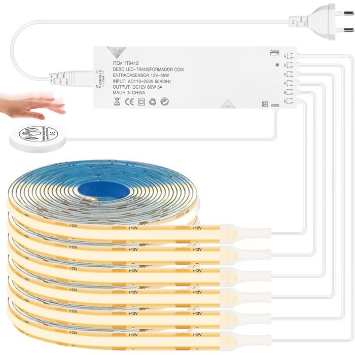 Ruban LED COB 1 m – Lot de 6 bandes LED 12 V blanc chaud (montage parallèle) – Variateur tactile et à balayage – Découpable –