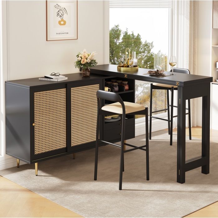 Buffet de cuisine extensible rotatif 360° AESVAR avec rangement MDF noir portes aspect rotin
