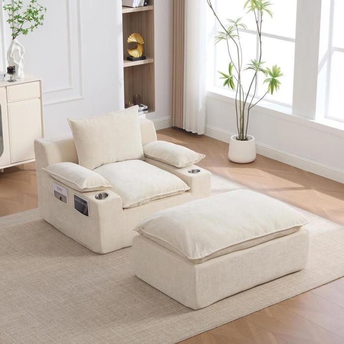 Fauteuil - KOMHTOM - Relax chenille - 4 coussins - porte-gobelet - poche de rangement Fauteuil - KOMHTOM - Relax chenille - 4 coussins - porte-gobelet - poche de rangement