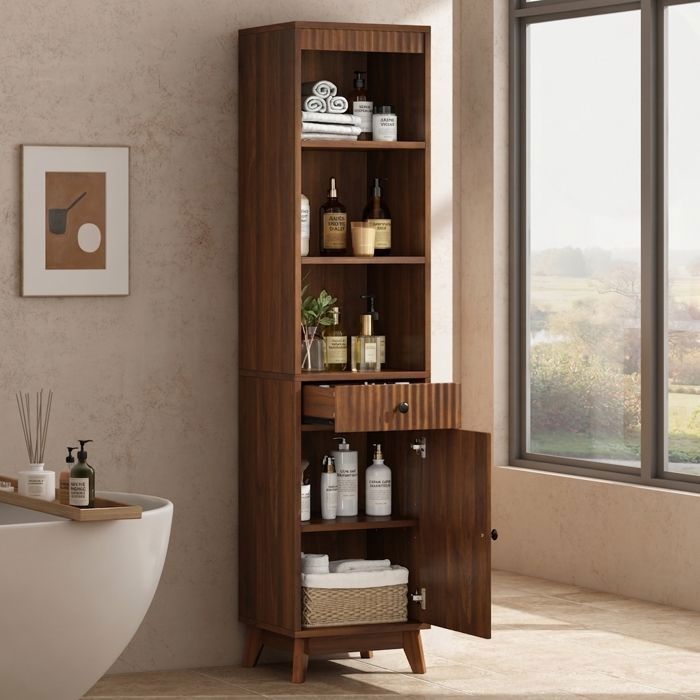 Colonne Salle de Bain Noyer 172cm Armoire Haute avec Tiroir et Porte Réversible Façade Rainurée Meuble Rangement Norevia