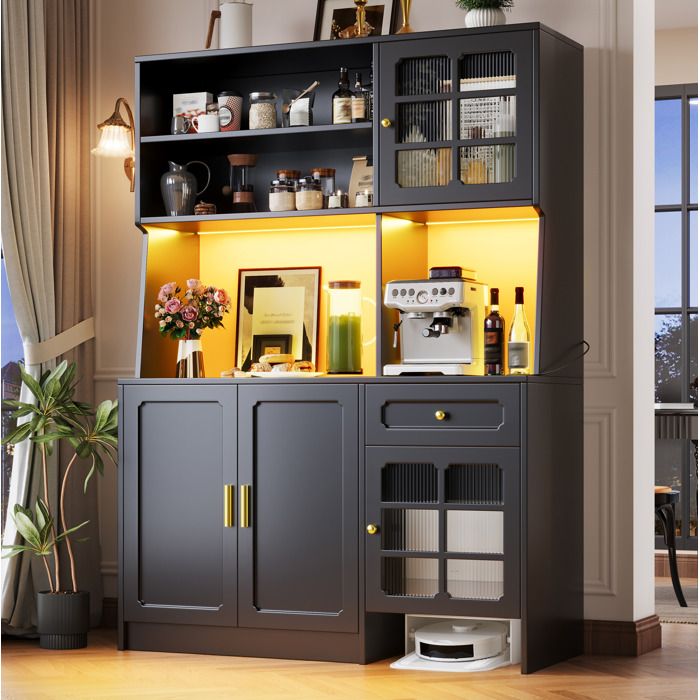 Buffet cuisine noir avec portes vitrées et LED grand meuble de rangement 130x45x180 cm style moderne TYNQER
