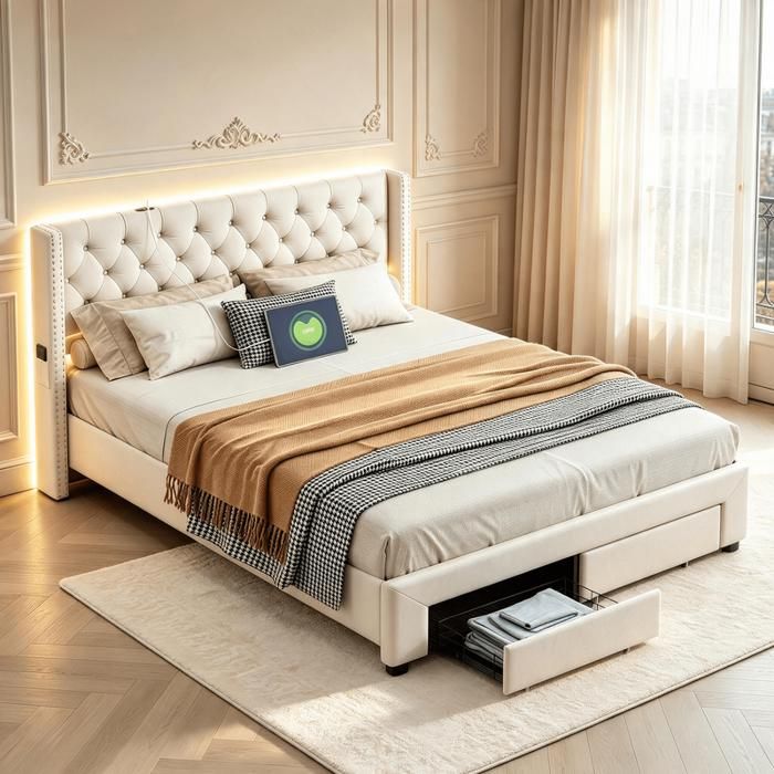 Lit Coffre Rembourré 180x200 Mokylor Velours Beige Lit double avec 2 Tiroirs RGB LED USB Type‑C lit 2 places avec rangement