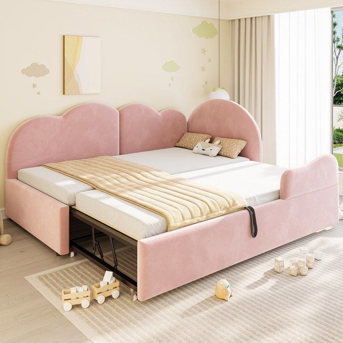 Lit banquette gigogne rembourré 90 x 200 cm avec sommier à lattes tête de lit velours et MDF Rose