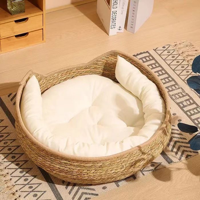 Lits de chats - Panier tissé rond anti-rayures avec coussin doux pour chat dintérieur (35 cm)