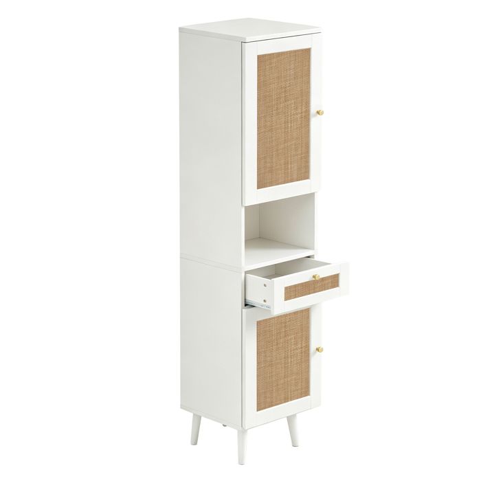 Armoire de salle de bain haute 166 cm portes en rotin réversibles meuble de rangement avec tiroir blanche 40x30x166 cm