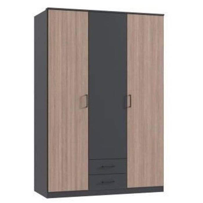 Armoire AGIA - 3 portes battantes + 2 tiroirs - Décor anthracite et chêne - L135 x H199 x P58 cm