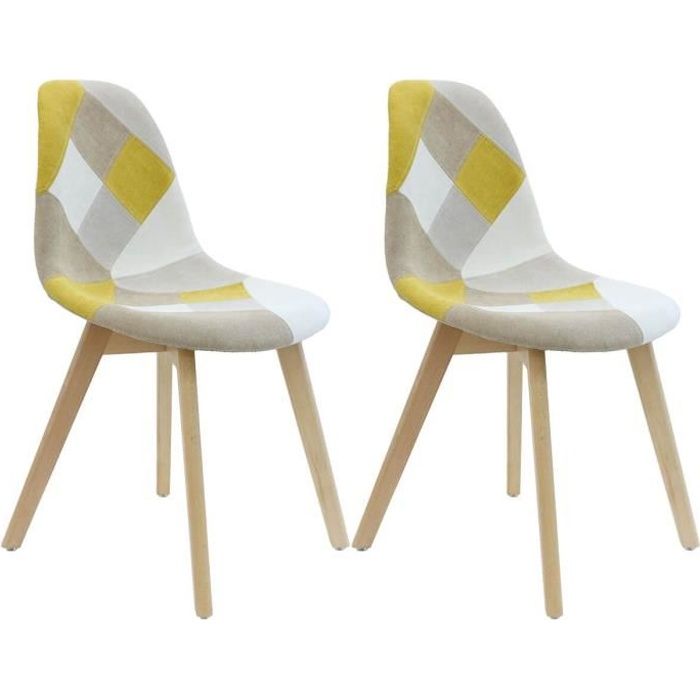 chaises patchwork jaunes - altobuy - damas - style scandinave-nature - lot de 2 - bois massif - tissu