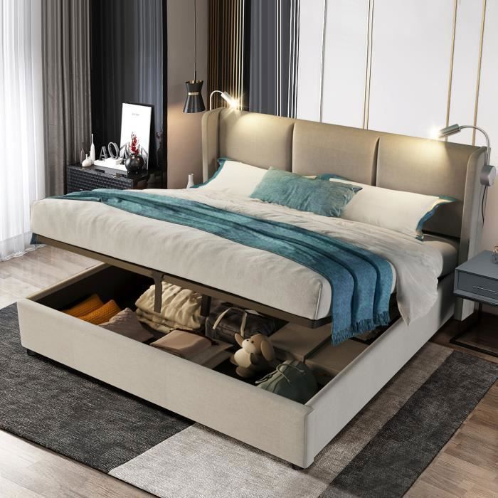 Lit coffre de rangement - DREAMMESPACE - 160x200cm - Lin Beige - Lampe USB - Sommier à lattes