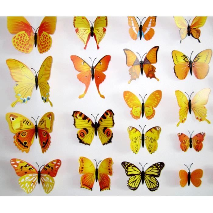 3D Stickers Muraux de Papillons,Décoration pour Chambre Enfants et Filles,12 Pièces,Jaune