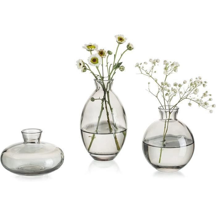 Petit Vase pour Décoration De Table Vases en Verre Faits À La Main pour Fleurs, 3Pcs Gris