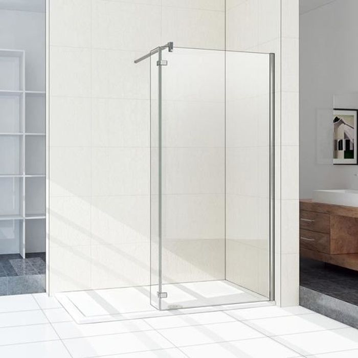 Paroi de douche largeur 100 cm avec retour pivotant 40cm, 8mm verre trempé anticalcaire,hauteur 200 cm, Barre de maintien 73-120 cm