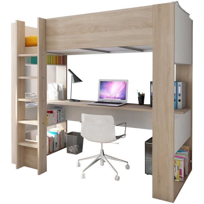 lit mezzanine avec bureau - beau - blanc - 90x200 cm - sommier inclus