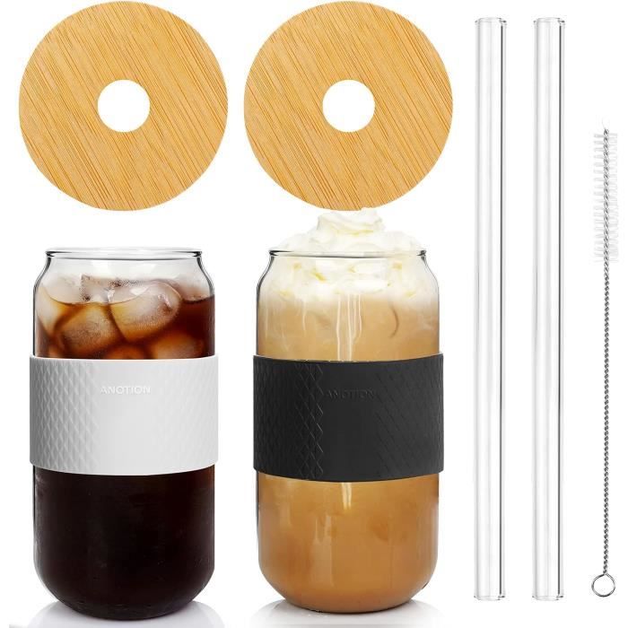 Lot De 4 Verres à Boire 500 Ml Avec Couvercle Bambou Et Paille En Verre - Verre Borosilicate (résistant Chaud/froid) - Écologique - 6