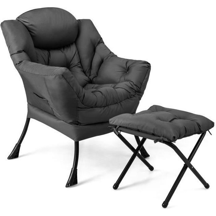 Fauteuil Relax avec Repose-pieds Pliable COSTWAY Fauteuil Scandinave de Salon avec Coussin Amovible pour Intérieur Extérieur Gris