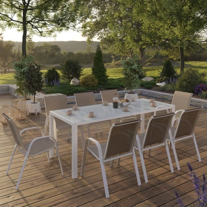 IDMARKET Salon de jardin MADRID table 190 cm et 8 chaises empilables blanc et beige