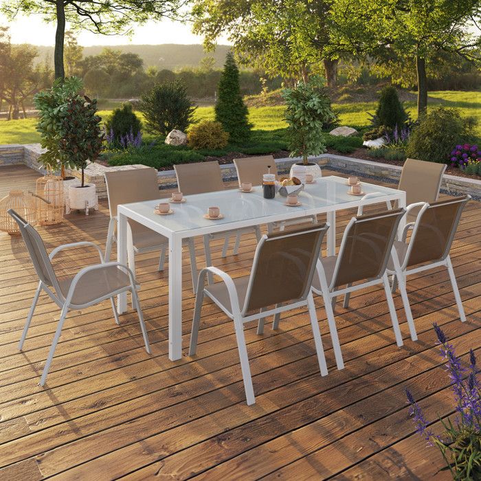 Salon de jardin MADRID table 190 cm et 8 chaises empilables blanc et beige taupe Salon de jardin MADRID table 190 cm et 8 chaises empilables blanc et beige taupe