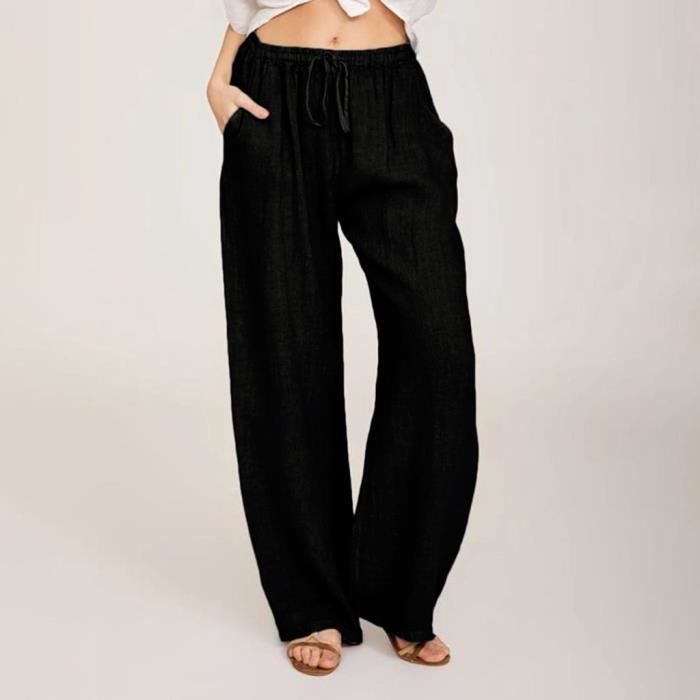 Femmes décontracté solide coton lin cordon élastique taille longue jambe large  pantalon Noir Noir - Cdiscount Prêt-à-Porter