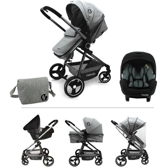 Nania - Poussette combinée 3 en 1 - GIULIA + Siège auto BEONE EVO (40-85 cm) R129 i-Size Dos route + Sac à langer + Habillage pluie