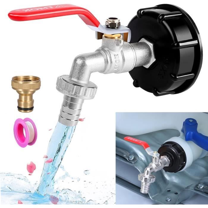 Robinet Cuve IBC 1000L Laiton Robuste - Adaptateur Récupérateur Eau De Pluie Filetage Gros 60mm, Double Robinet PP Universel