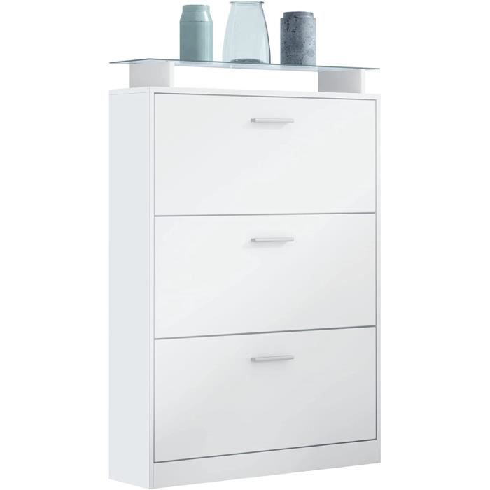 Meuble Chaussures Annie Pour 16 Paires De Chaussures Avec 2 Clapets Et 1 Tablette En Verre Noir Matgris Haute Brillance  89 X 96 X 23 Cm